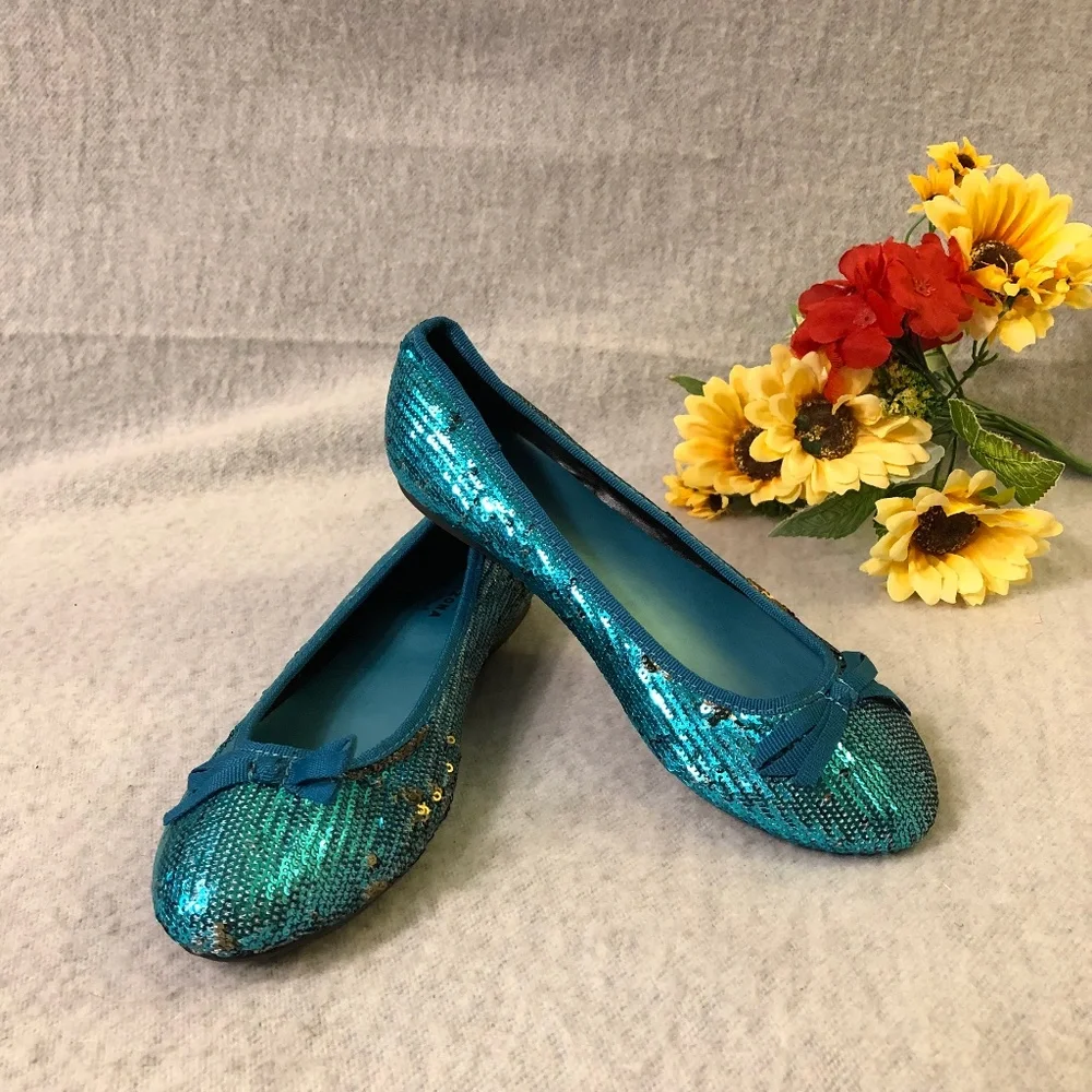 NWOT - Teal & Gold Sparkly Sequin Ballet Flats